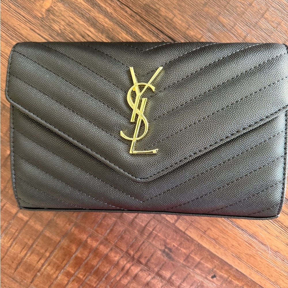 Saint Laurent Black Chevron Wristlet with Gold Emblem